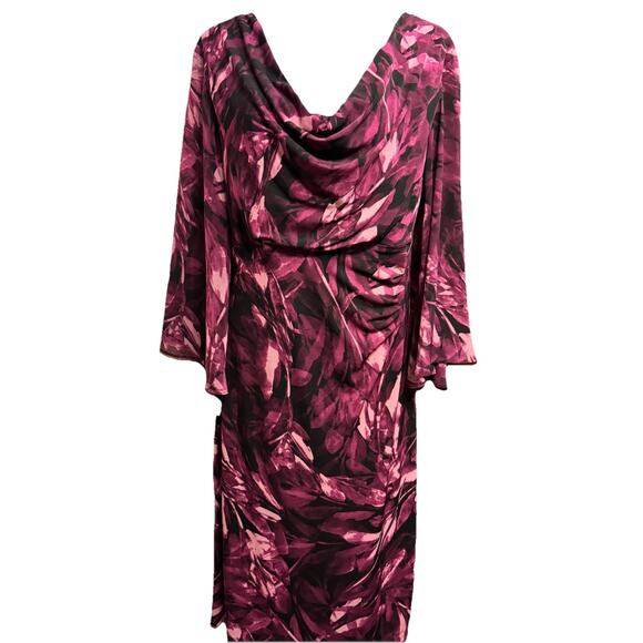 VTG Connected Apparel Dress 16 Drape Neck Flowy Sheer Bell Sleeve Dark Floral - Picture 1 of 11